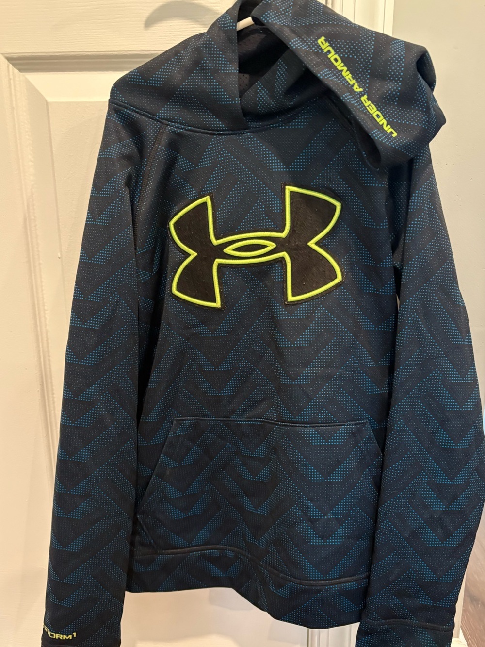 Under Armour Boys' Navy Hoodie with Neon Yellow Logo Youth Medium
